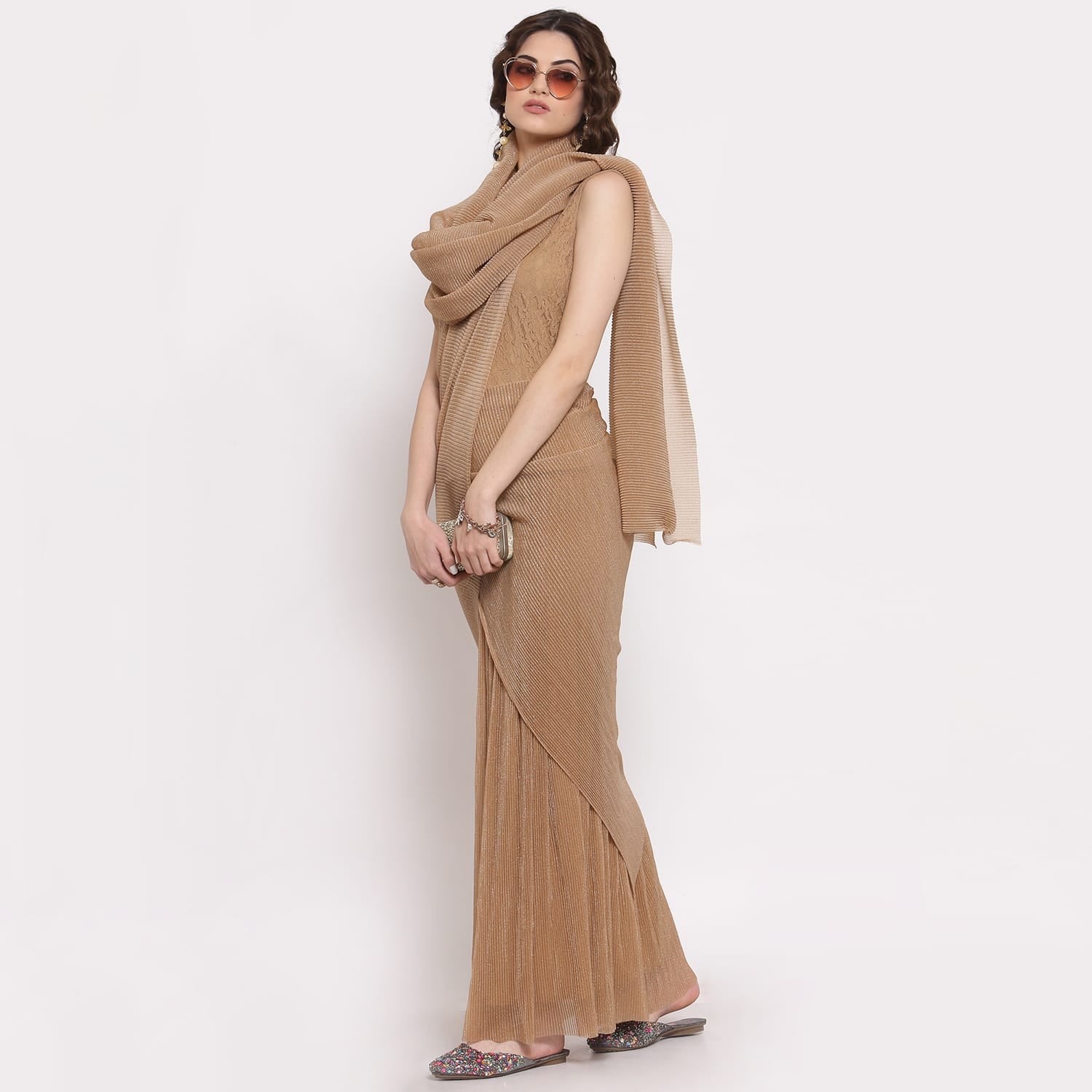 Beige Drape Saree With Net And Plisse Fabric