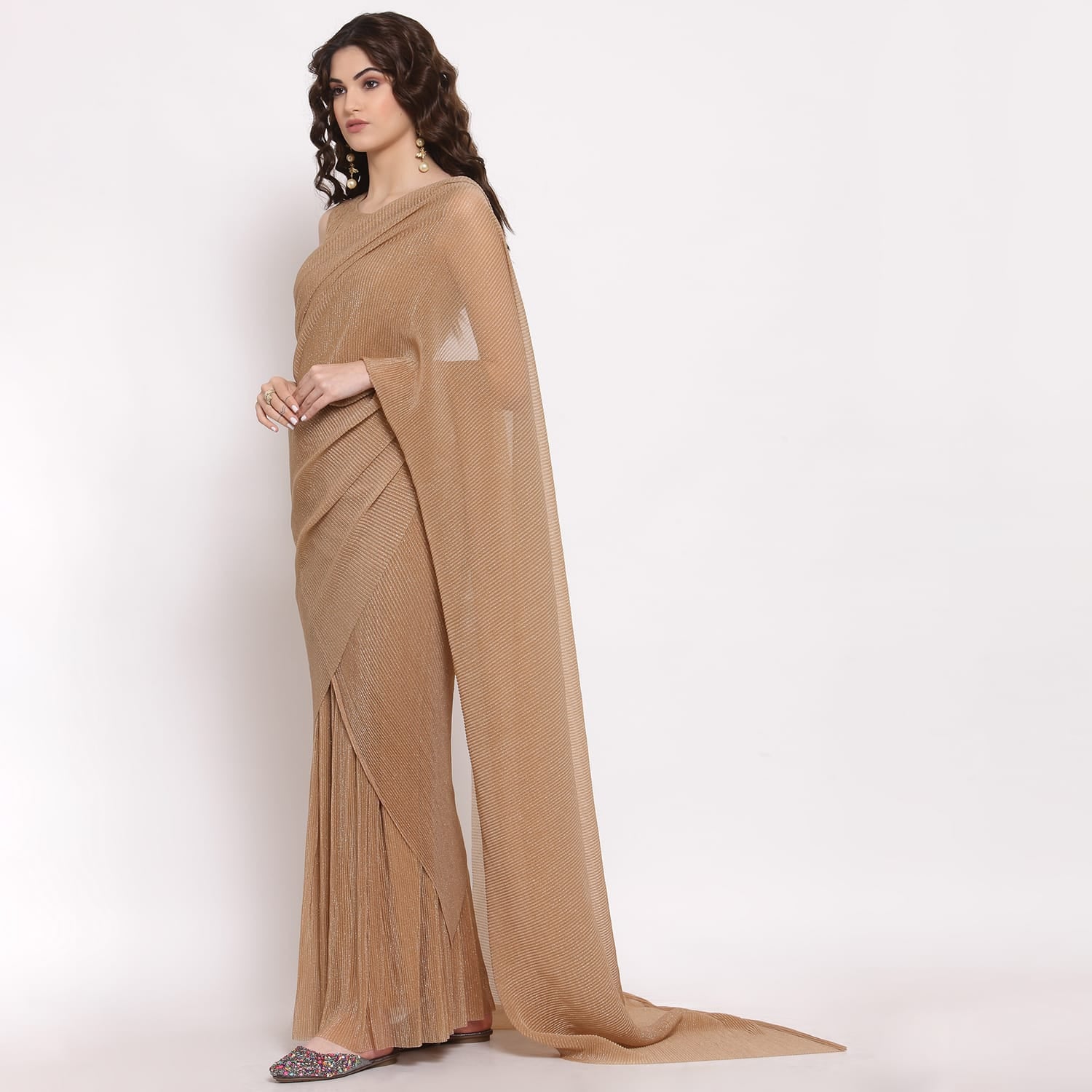 Beige Drape Saree With Net And Plisse Fabric